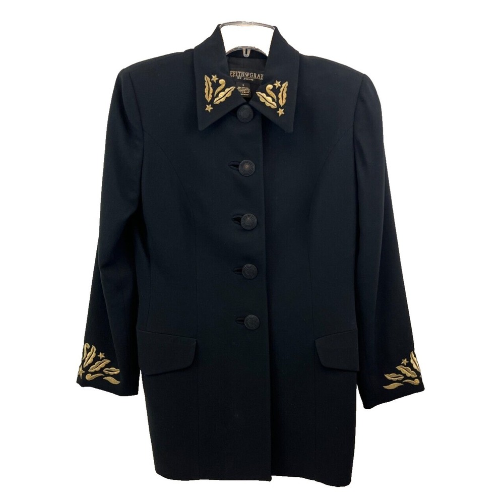 Griffith Gray St. John Italy 100% Wool Blazer Size 2 (S) Black Gold Embroidery